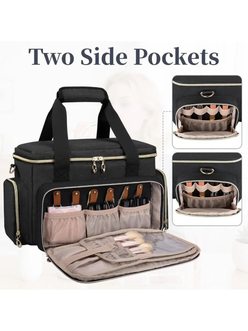Spacious Travel Makeup Organizer Bag with Removable Pouches & Dividers - Black